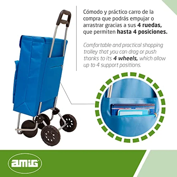 Amig - Einkaufstrolley | 22 x 40 x 106 cm | mit 4 Rädern | Außentasche für Tiefkühlkost | Herausnehmbare und waschbare Innentasche | Maximale Belastung von 15 kg | Blau Farbe – Bild 4