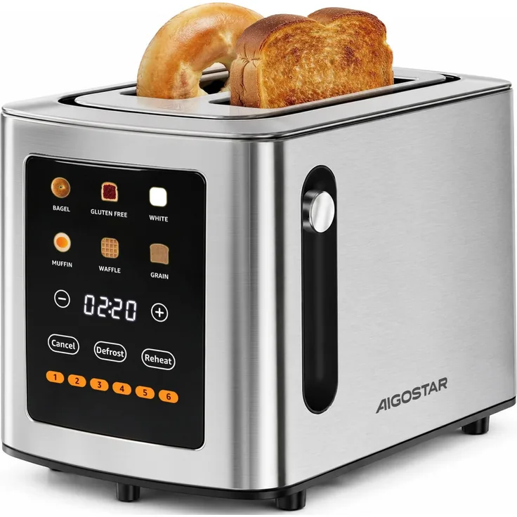 Aigostar Suntoast 2-Scheiben Toaster, Edelstahl mit Touchscreen und LCD-Display, 980W, 6 Bräunungsstufen