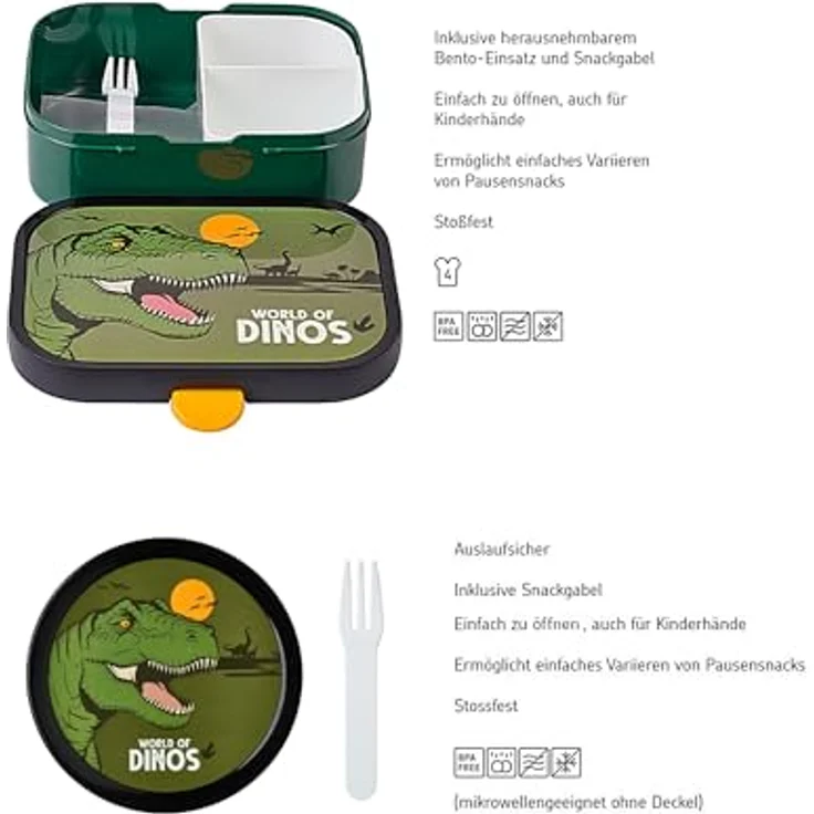 Mepal Kinder Obst- und Bento Box Campus meets Fruits Dino | Spülmaschinenfest & BPA-frei | 300 & 750 ml | Mit Fächern, Gabel & Clip-Verschluss | Perfekt für Snacks & Mahlzeiten – Bild 2