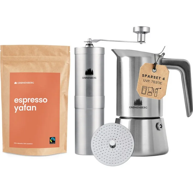 GRØNENBERG Espressokocher Spar Set 4, Edelstahl Espressokocher (4, 6 Tassen), Induktion geeignet, inklusive 250g Bio Espressobohnen und Kaffeemühle, mit Ersatzdichtung