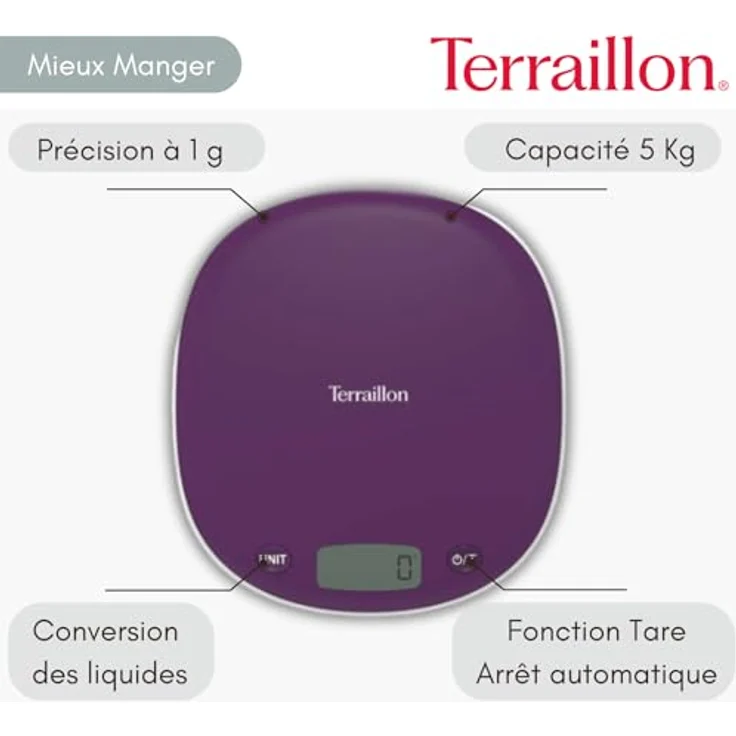 Terraillon Küchenwaage, Mit Tara-Funktion, Flüssigkeitsanzeige, Griffaussparung, Bis 5 kg, Macaron, Pflaumenfarben – Bild 3