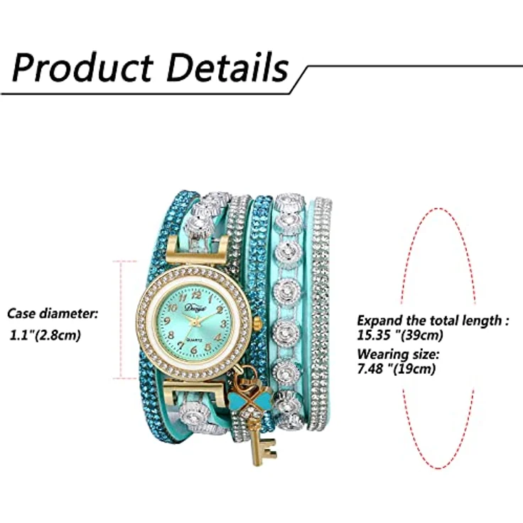 JewelryWe Armbanduhr Damen Retro Strass Glitzer Analog Quarz mit geflochtenem Lederarmband und Kleeblatt Schlüsselanhänger, Grün – Bild 5