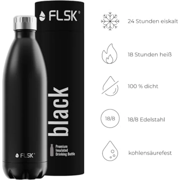 FLSK Trinkflasche I Premium Edelstahl-Thermosflasche I 100% Auslaufsicher & Kohlensäure geeignet I 24 Std. Kalt, 18 Std. Heiß (black, 1000 ml) – Bild 3