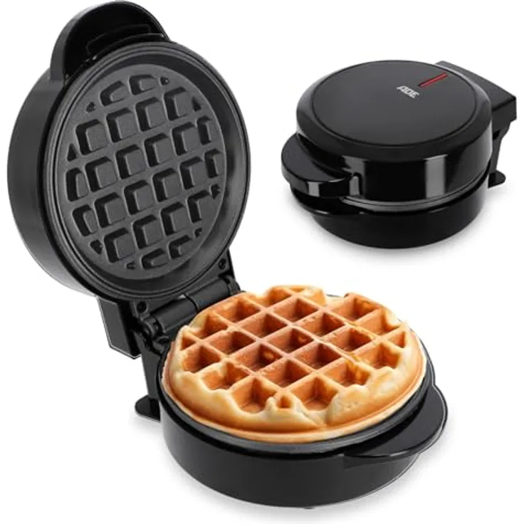 ADE Mini Waffeleisen | belgische Waffel runde Form | perfekt für eine Person, Party, Kindergeburtstag | hochwertige Antihaftbeschichtung | 550 W | schwarz