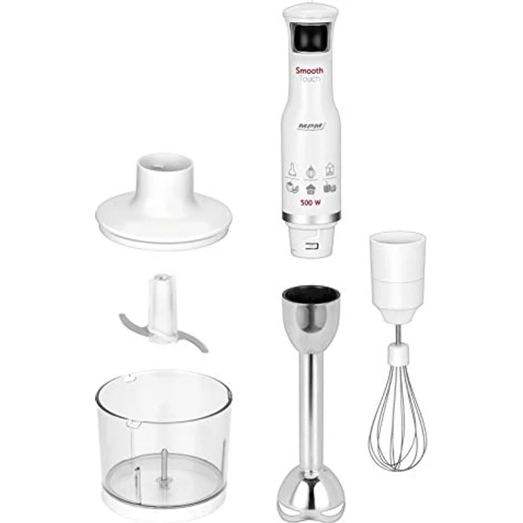 MPM MBL-28 Stabmixer-Set, Mixstab, Schnee-Besen, Multi-Messer, Einstellbare Geschwindigkeit, Zerkleinerungsbecher 500ml, 600-ml-Messglas, BPA-frei, 500W, 500, Edelstahl, Weiß – Bild 2