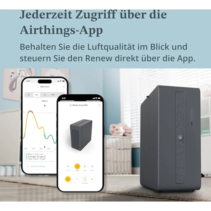 Airthings Renew - Intelligenter Luftreiniger, HEPA-13- und Aktivkohlefilter, mit Trageriemen und Feinstaub-Sensor, filtert gegen Allergien, Pollen, Staub, Gerüche, Tierhaare und Rauch, ideal für Schlafzimmer - Airthings – Bild 4
