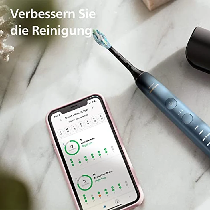 Philips Sonicare DiamondClean HX9911/89 elektrische Zahnbürste der 9000er Serie – Schallzahnbürste, sauberere Zähne und Mundpflege mit 4x C3 Premium Plaque Defense-Bürstenköpfen, Aquamarine – Bild 5