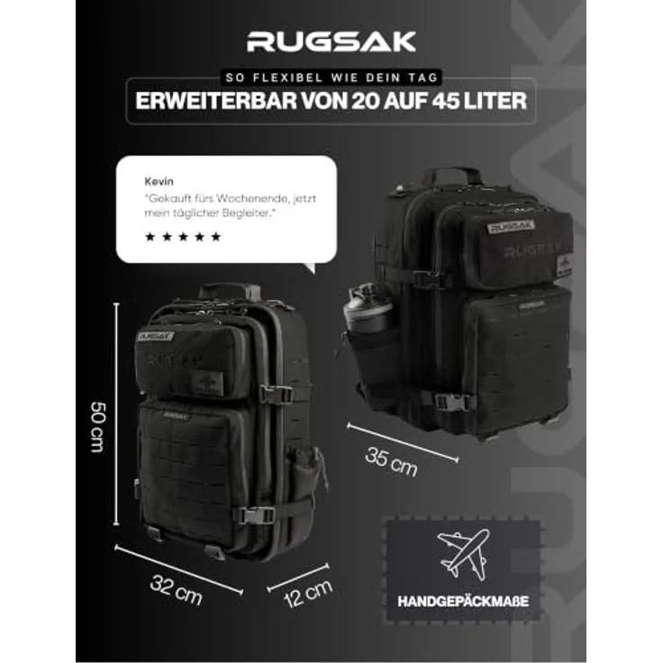 RUGSAK Alpha 45L Rucksack Phantom Black – Wasserabweisend, 18-Zoll Laptopfach, Ergonomisch, Reise, Alltag & Outdoor – Bild 6
