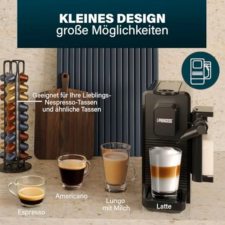 PRINCESS 249455 Capsule and Latte Pro, Kapselmaschine mit 20 bar Pumpe, kompatibel mit Nespresso-Kapseln, automatischem Milchsystem und 0,8L Wassertank – Bild 2