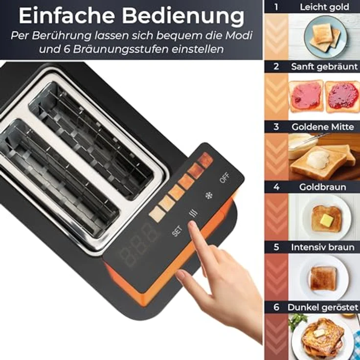 KLAMER Toaster, Toaster mit Brötchenaufsatz, hochwertiger 2 Scheiben-Toaster, 6 Bräunungsgrade, Touch Display, mit Krümelschublade, Matt Schwarz – Bild 4