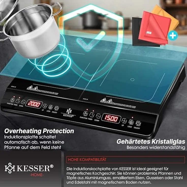 KESSER® Induktionskochplatte Induktionskochfeld 2 Platten 3500W Tragbares 57cm Kochplatte + 3x Mikrofasertuch + 1x Rezeptbuch, 8 Heizstufen, 4-Stunden-Timer, Touch-Steuerung, Booster-Funktion 220-240V, Kristallglasgehäuse, Kindersicherung, Auto-OFF-Funktion, Transportfähig – Bild 5