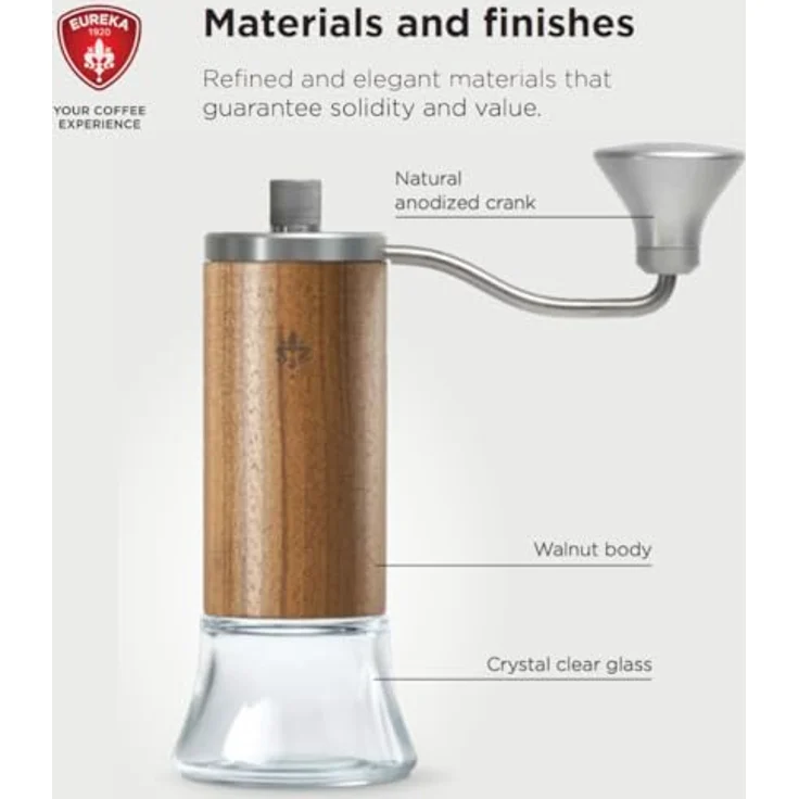 Eureka Baby Kaffeemühle, manuelle Espressomühle mit 48 mm konischen Graten und präziser Mahlgradeinstellung, Nuss/Glas – Bild 3