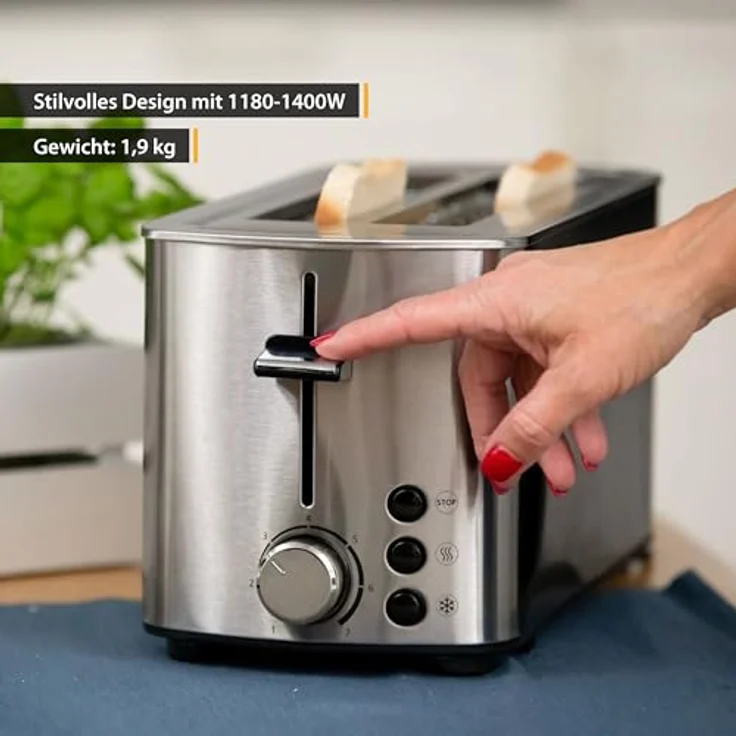 TZS First Austria FA-5367-5 Doppel-Langschlitz Toaster - 4 Scheiben, 1400W, Brötchenwärmer, Krümelablage, edelstahl – Bild 5