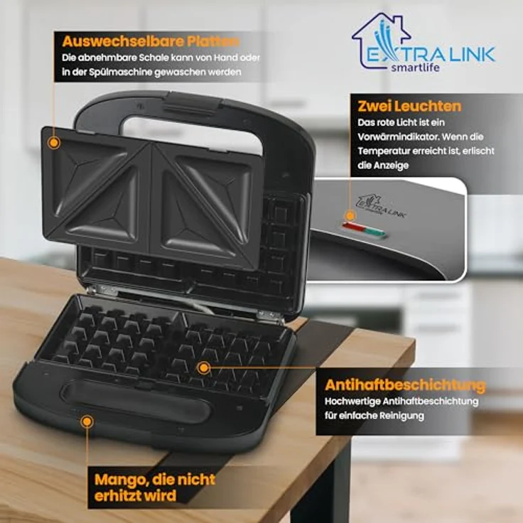 EXTRALINK Sandwichmaker 3 in 1 Toaster, Grill und Waffeleisen mit austauschbaren Platten, 1000W Kontaktgrill, Antihaftbeschichtung, einfacher Reinigung, Schwarz – Bild 5
