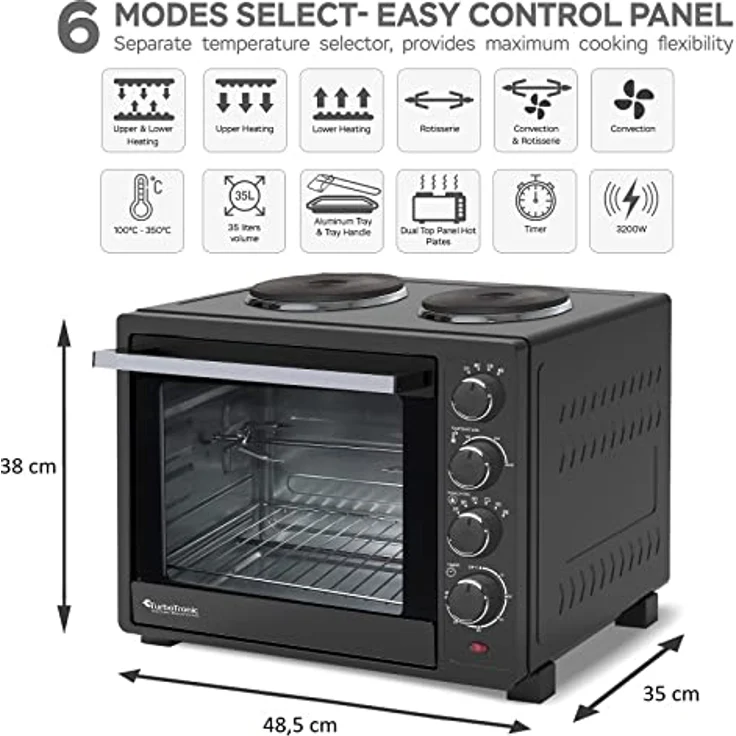 Turbotronic/Minibackofen mit Umluft und Kochplatten / 35l / schwarz / 3200W, Mini Backofen mit Timer, Pizzaofen, Drehspieß, Backblech, Innenbeleuchtung – Bild 2