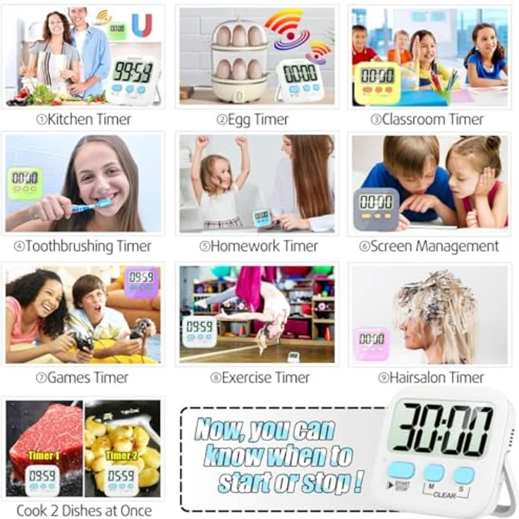 Küchen-Timer, 2 Stück, digitale Küchen-Timer [2020er-Version], magnetischer Countdown-Timer mit lautem Alarm, große Ziffern, Ständer für Kochen, Klassenzimmer, Badezimmer, Lehrer, Kinder, AAA-Batterie enthalten – Bild 3