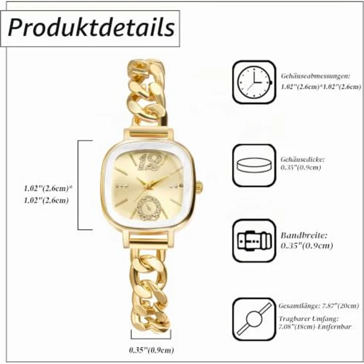 JewelryWe Kleine Quadratische Damenuhr mit Zirkonia, Analog Quarz, Gold Kubanisches Armband, Metallarmband & Eckigem Zifferblatt – Bild 5