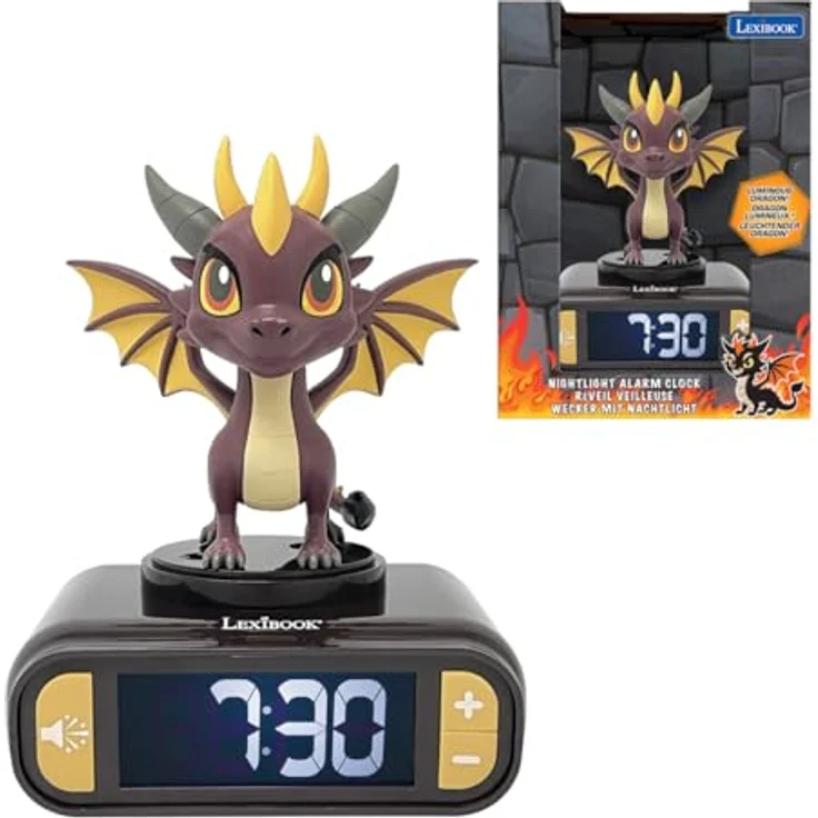 Lexibook Drache Nachtlicht-Wecker RL800DRA mit LCD-Bildschirm, 6 klingeltonbasierten Drachen-Sounds und Schlummerfunktion – Bild 1