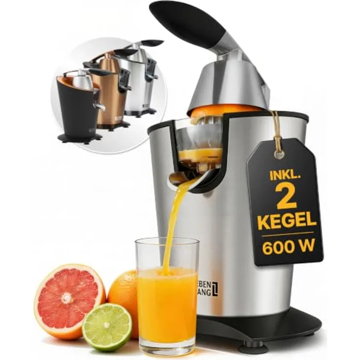 Leben Lang Zitruspresse 600W, elektrische Saftpresse mit Hebel und zwei Presskegeln für Zitronen und Orangen, BPA-frei und spülmaschinenfest
