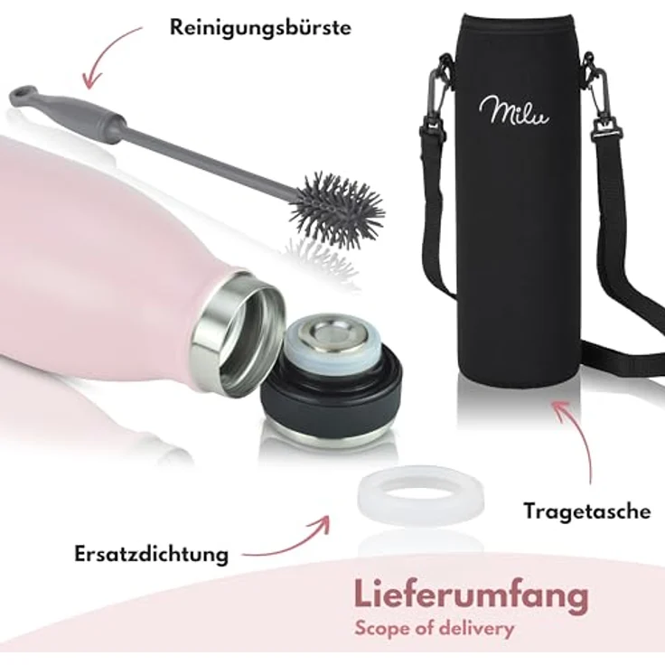 Milu Thermoflasche 500ml, isolierte Edelstahl Trinkflasche, doppelwandig, auslaufsicher, für heiße und kalte Getränke, kohlensäuregeeignet, Rosa – Bild 5