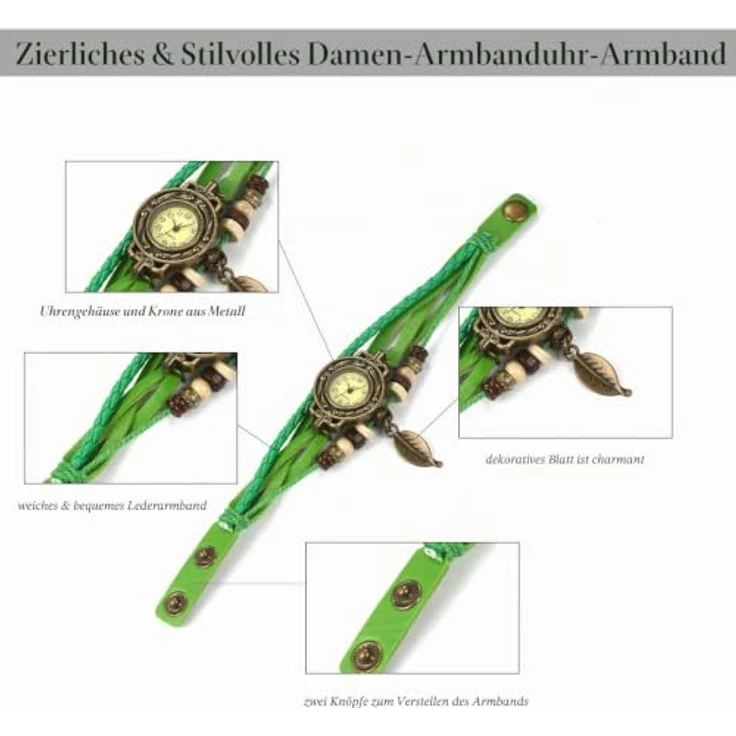 JewelryWe Damen Armbanduhr, Retro geflochtenes Lederarmband mit Baum Blatt Anhänger, Grün, Quarzwerk, 8.46" Gesamtlänge – Bild 4