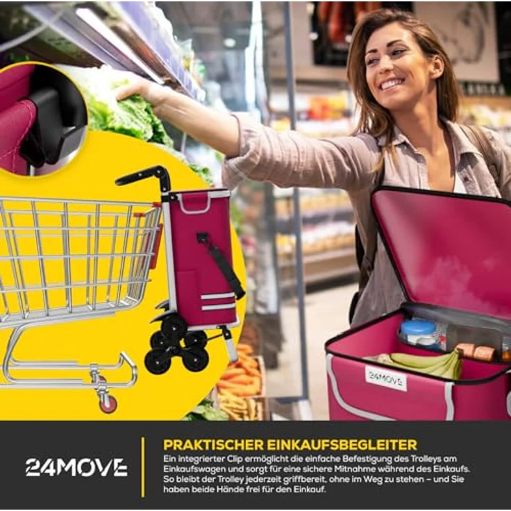 24MOVE® Einkaufstrolley Alegre, klappbar mit 55L Kühlfach, faltbarer 3in1 Trolley - Sackkarre und Tasche, bis 30kg belastbar, rot – Bild 3