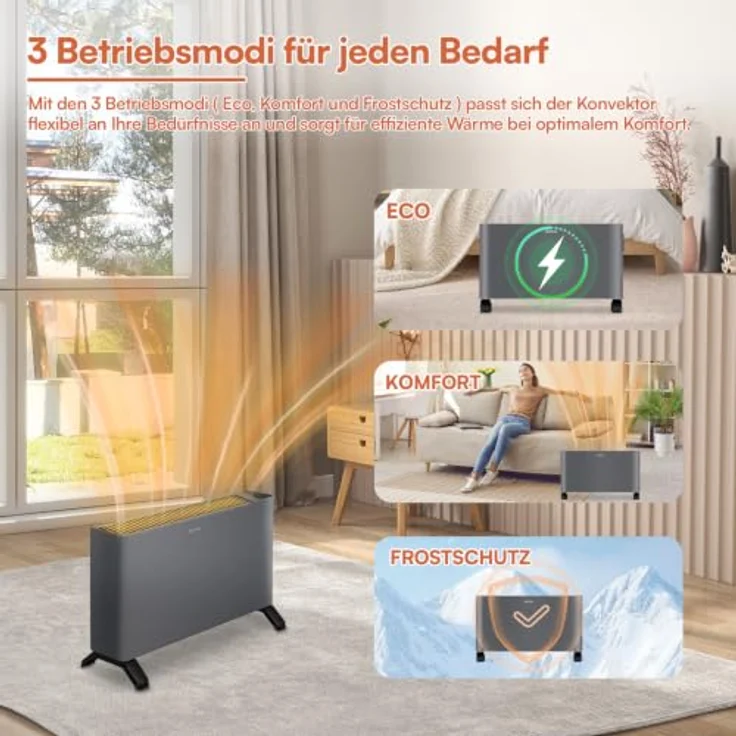 BE COOL Konvektor mit Stoffbezug "HAROLD", 2000W Heizleistung, dunkelgrau, elektronische Steuerung, 3 Heizmodi – Bild 4