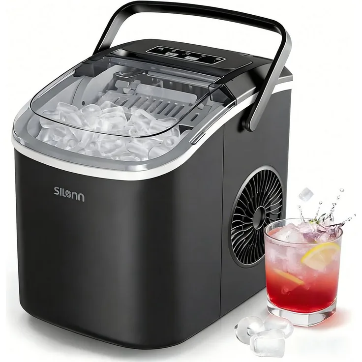 Silonn Eiswürfelmaschine, tragbarer Eiswürfelbereiter mit 9 Eiswürfeln in 6 Minuten, 12 kg/24 Stunden, 2 Eisgrößen, selbstreinigend, leiser Betrieb