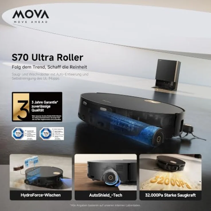 MOVA S70 Ultra Roller, Saugroboter mit 32.000 Pa Saugkraft, HydroForce-Wischen, All-in-One-Station, 100°C Moppwäsche, flach in Schwarz – Bild 2