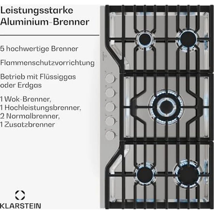 Klarstein Turbocast Gaskochfeld 5-Brenner Edelstahl 304, 3,4 kW Wokbrenner, Gusseiserne Pfannenhalter, Elektrische Zündung, Sicherheitsabschaltung, LPG-Umrüstsatz – Bild 3