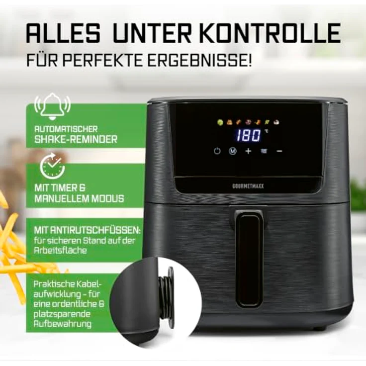 GOURMETmaxx Heißluft-Fritteuse 1600W schwarz, Digital 6,5L, 7 Programme, temperatureinstellbar von 80°C bis 200°C – Bild 7