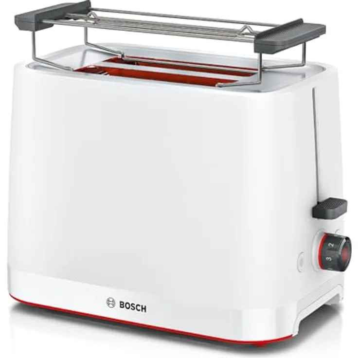 Bosch Kompakt Toaster MyMoment TAT3M121, entnehmbarer klappbarer Brötchenaufsatz, mit Auftaufunktion, Abschaltautomatik, Liftfunktion, Brotzentrierung, ideal für 2 Scheiben, 800 Watt, Weiß matt