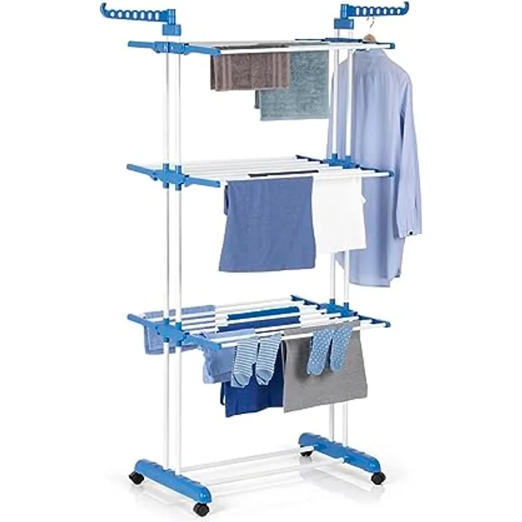 EASYmaxx Klappbarer Wäscheständer | Effizientes Trocknen mit 3 Ebenen & 2 Seitenflügeln | Mobil & Platzsparend für drinnen und draußen, blau