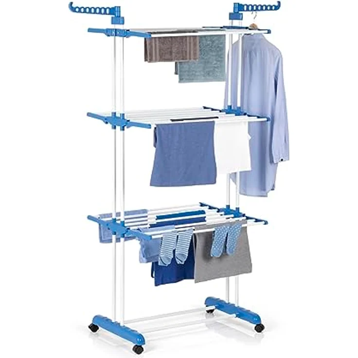 EASYmaxx Klappbarer Wäscheständer | Effizientes Trocknen mit 3 Ebenen & 2 Seitenflügeln | Mobil & Platzsparend für drinnen und draußen, blau – Bild 1