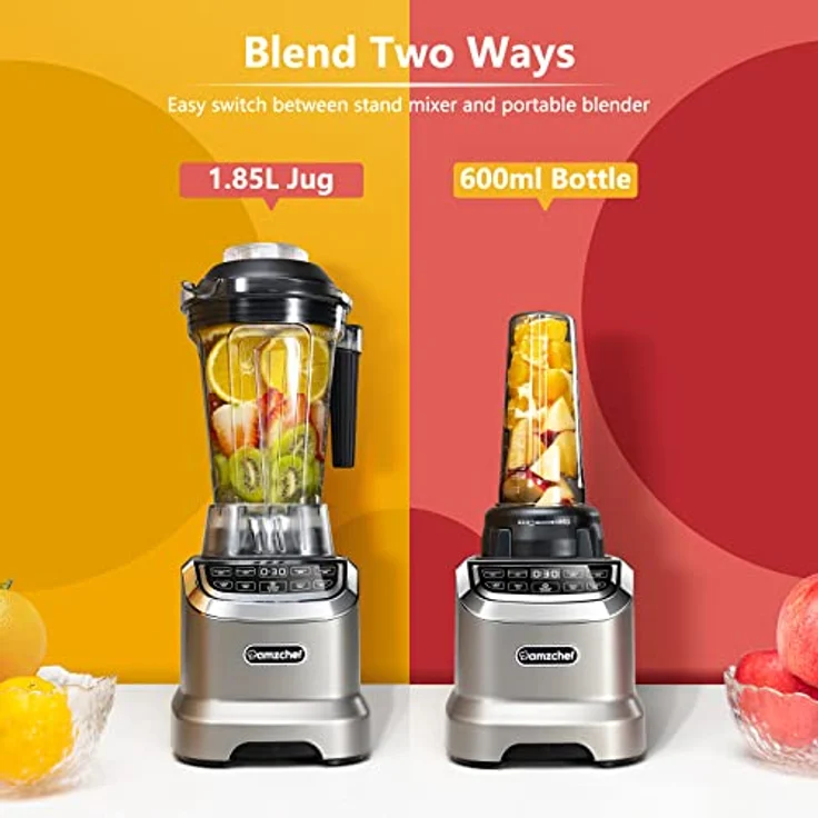 AMZCHEF Hochleistungsmixer 2IN1, 1850 ml und 600 ml Behälter, 2000 Watt, sechs Klingen, LED-Display, geräuscharm und BPA-frei – Bild 2