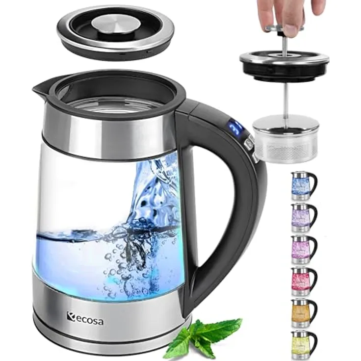 Ecosa® 2in1 Wasserkocher & Teekocher, Glas Edelstahl, 1,7 Liter, 2200 Watt, Temperatureinstellung 40°C-100°C, LED, Warmhaltefunktion, BPA-frei