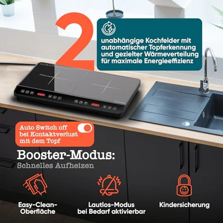 Stillstern Doppel-Induktionskochplatte ChefKoch Xtreme Duo 3600W, 24h Timer, Lautlos-Funktion, Glaskeramik – Bild 8
