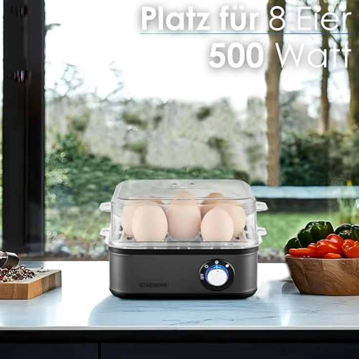 Steinborg Eierkocher für 1 bis 8 Eier | Edelstahl 500 Watt | 3 Härtegrade BPA-Frei & Spülmaschinenfest LED Drehschalter - Robust & Langlebig – Bild 2