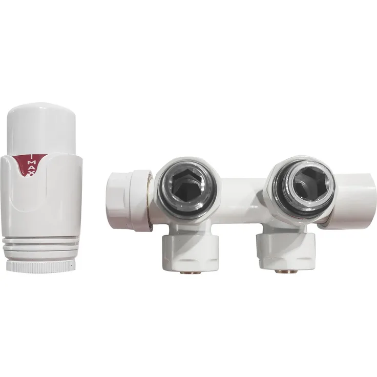 Glasdeals Eck-Anschlussgarnitur inkl. Thermostat, Mittelanschluss 7580, Weiß RAL9016, G 1/2 Zoll Anschluss