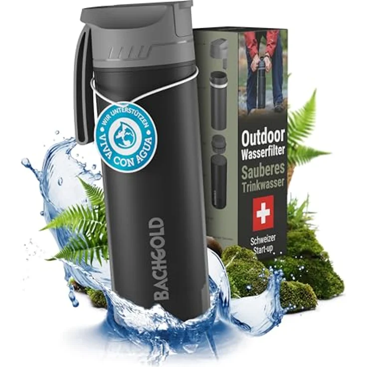 Bachgold® Profi Outdoor Wasserfilter Flasche [650ml] - Entfernt 99,99% Bakterien, Hochwertige Hohlfasermembran, Farbvarianten in Schwarz und Blau – Bild 1