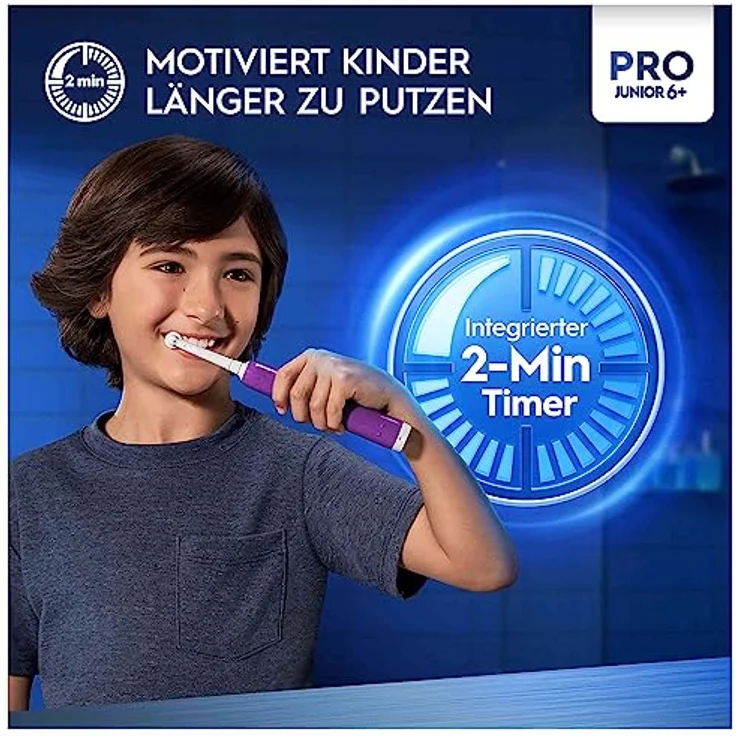 Oral-B Pro Junior Elektrische Zahnbürste/Electric Toothbrush für Kinder ab 6 Jahren (Drucksensor, 3 Putzmodi inkl. Sensitiv für Zahnpflege, weiche Borsten & Timer, Designed by Braun, lila) – Bild 3