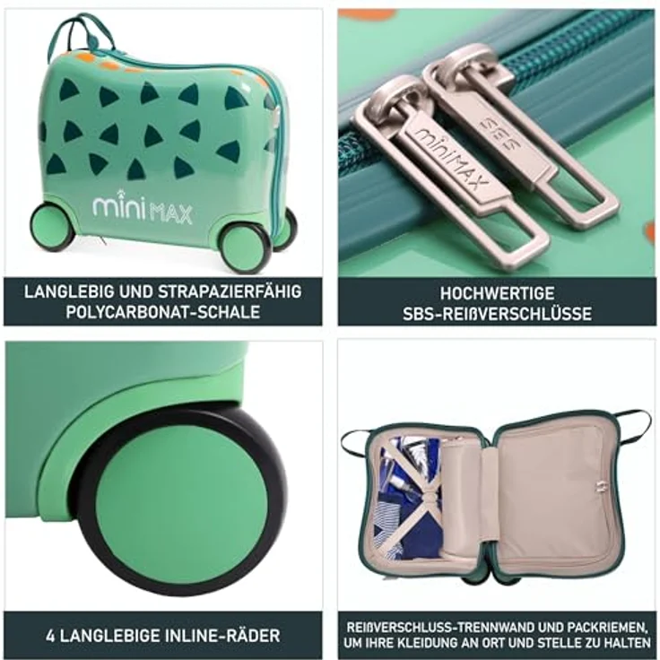 Aerolite Minimax Kinderkoffer Hartschale Trolley, Handgepäck 45x36x20cm, 29L, Dino-Design, 4 Rollen, geeignet für Easyjet – Bild 5