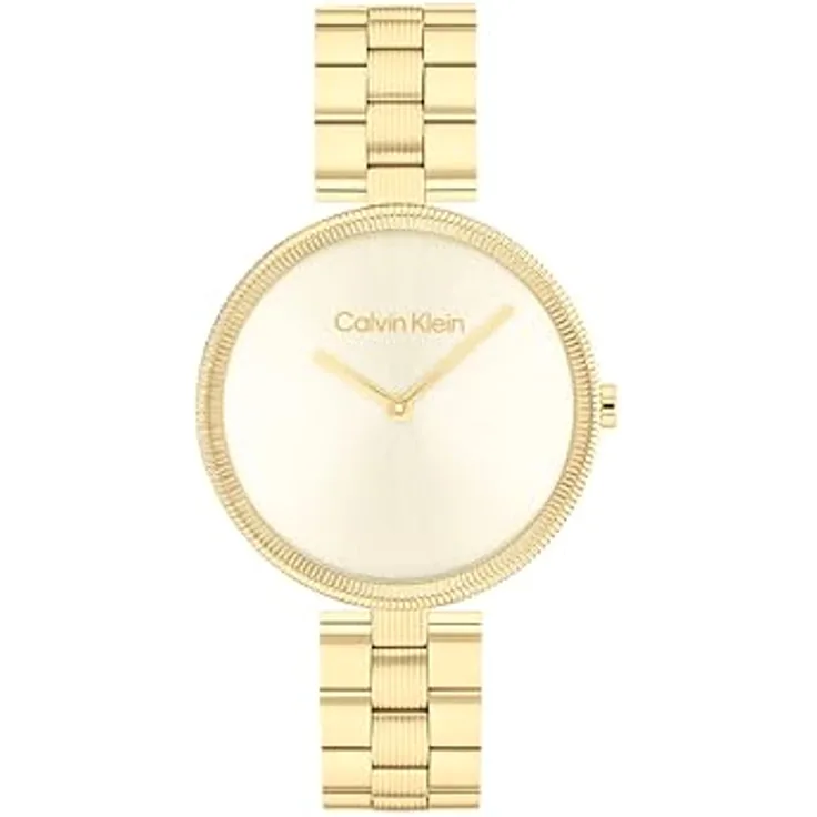 Calvin Klein Analog Quarzuhr für Damen Kollektion GLEAM mit Edelstahlarmbänder, Gold, 2-Zeiger-Quarzuhrwerk, minimalistisches Gold Sonnenschliff-Zifferblatt, 316L-Edelstahl-Armband