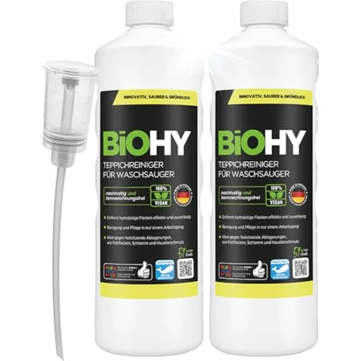 BiOHY Teppichreiniger für Waschsauger, 2 x 1 Liter Konzentrat mit Dosierer, kraftvoll gegen Flecken und Schmutz, schaumarme Formel, hergestellt in Deutschland