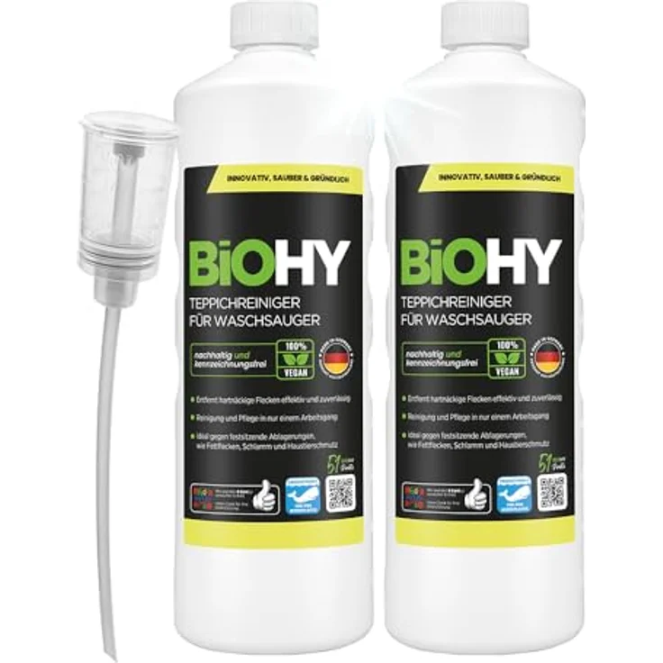 BiOHY Teppichreiniger für Waschsauger, 2 x 1 Liter Konzentrat mit Dosierer, kraftvoll gegen Flecken und Schmutz, schaumarme Formel, hergestellt in Deutschland – Bild 1