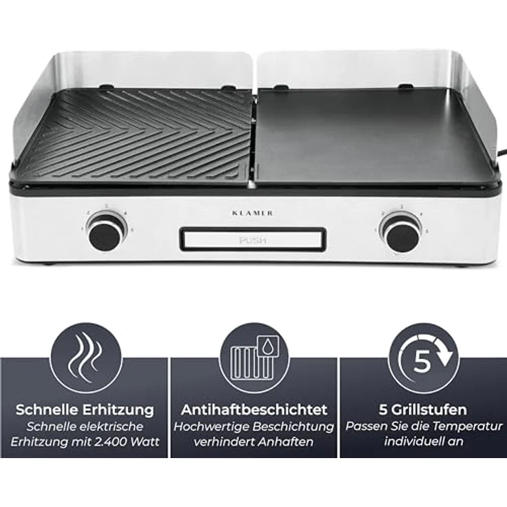 KLAMER Elektrogrill, antihaftbeschichtete und abnehmbare Duo-Platten, separate Temperatureinstellung, 5 Grillstufen, mit Wind-/ Spritzschutz & Auffangschale, 2400 Watt Leistung, Tischgrill – Bild 2