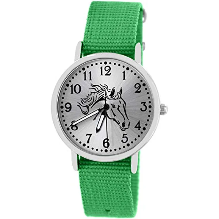 Pacific Time Mädchen Uhr 10403, analoge Quarz Armbanduhr mit grünem Textilarmband und Pferdemotiv, leuchtende Zeiger