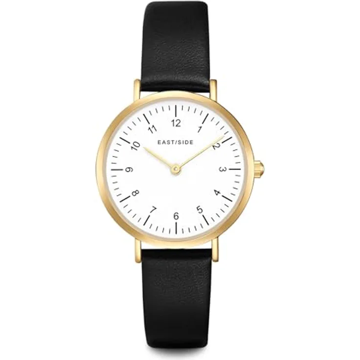 Eastside Damen Uhr 10080077, Analog Quarzwerk mit schwarzem Echtlederarmband, 32,1 mm Gehäuse, spritzwassergeschützt