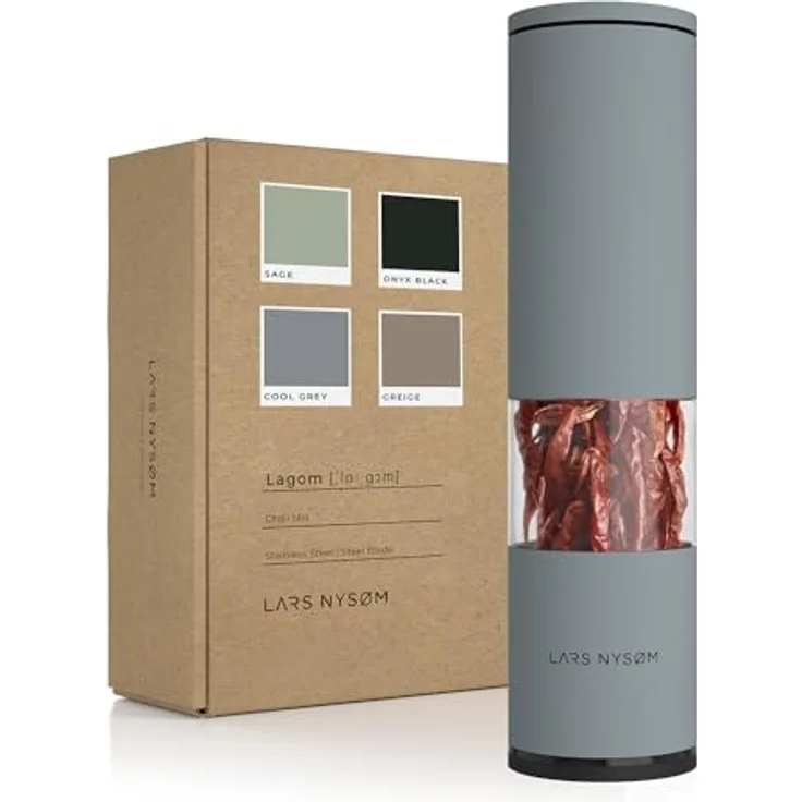 LARS NYSØM Chilimühle manuell mit einstellbarem Keramikmahlwerk von Grob bis Fein I Design Gewürzmühle (Cool Grey) – Bild 1