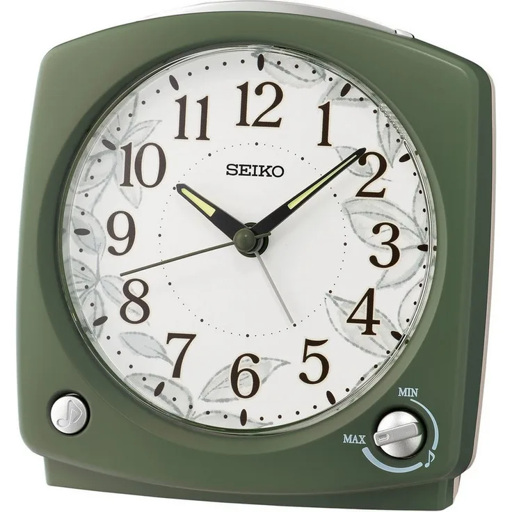 Seiko Quarzwecker mit Vogelstimmen, Wecker mit mattem weiß/grünem Gehäuse, 5 Weck-Möglichkeiten, Schlummerfunktion, Zifferblattbeleuchtung